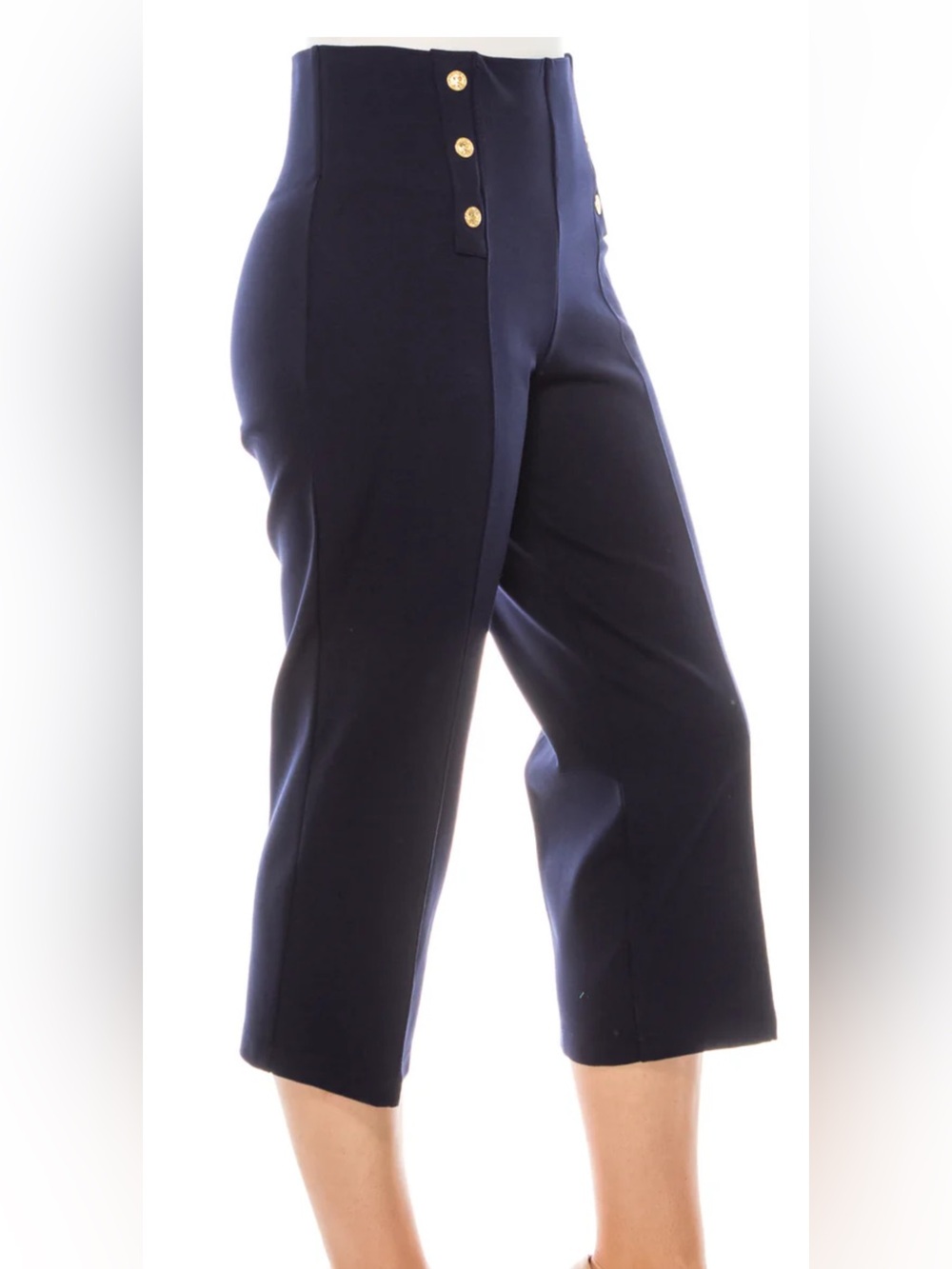 Peter Nygard black High-Waist Cropped Sailor Pants with Gold Buttons